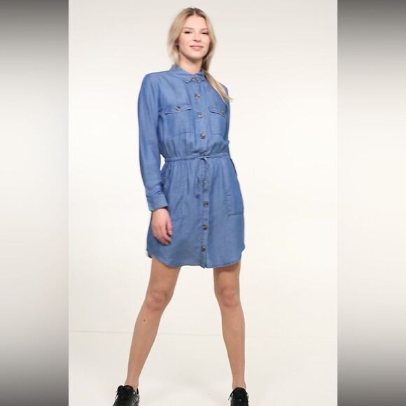 New American Eagle Chambray Long Sleeve Button Dress Lyocell - Picture 6 of 7